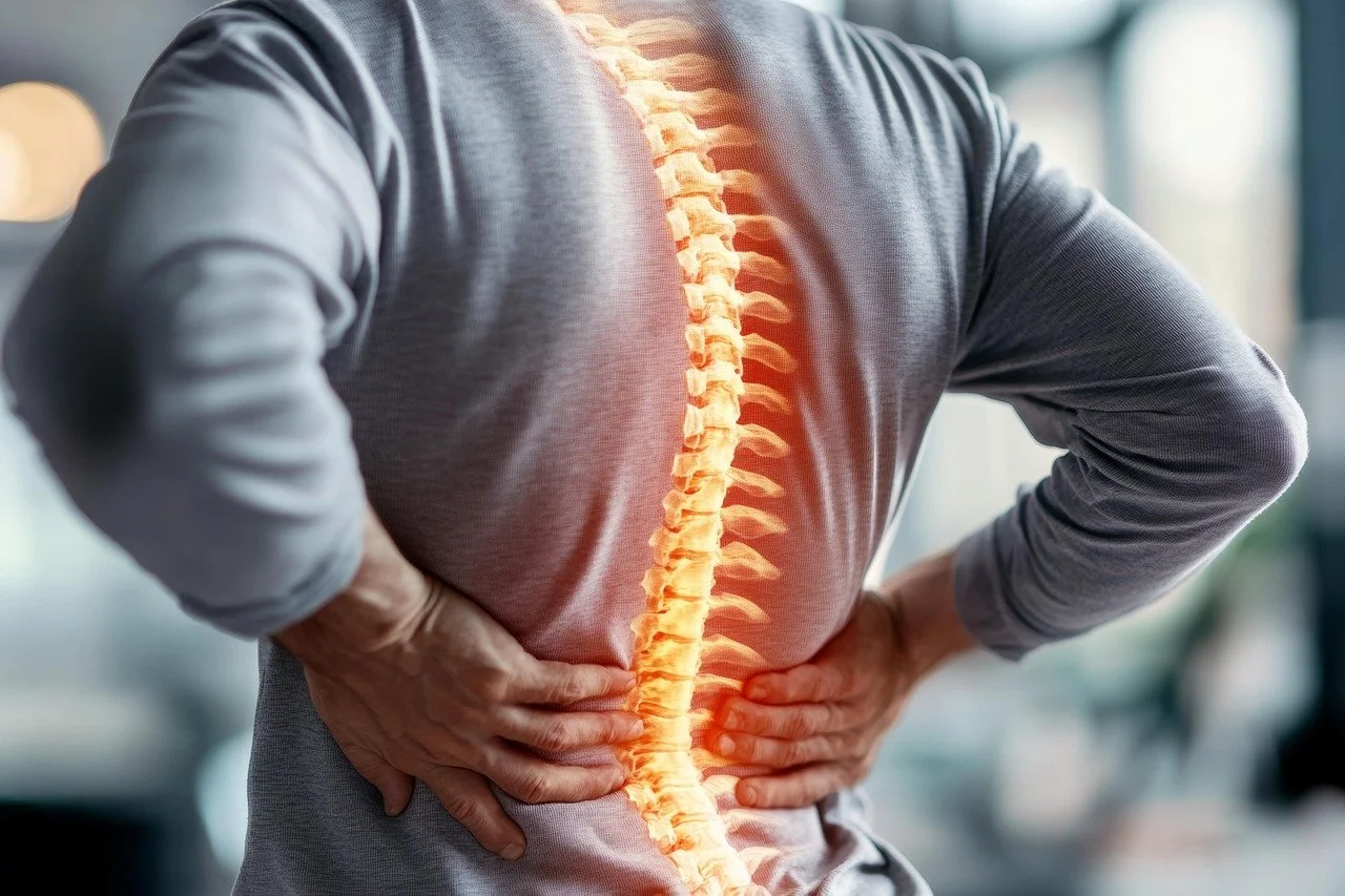 Installer holding his lower back in pain, spine highlighted to show strain