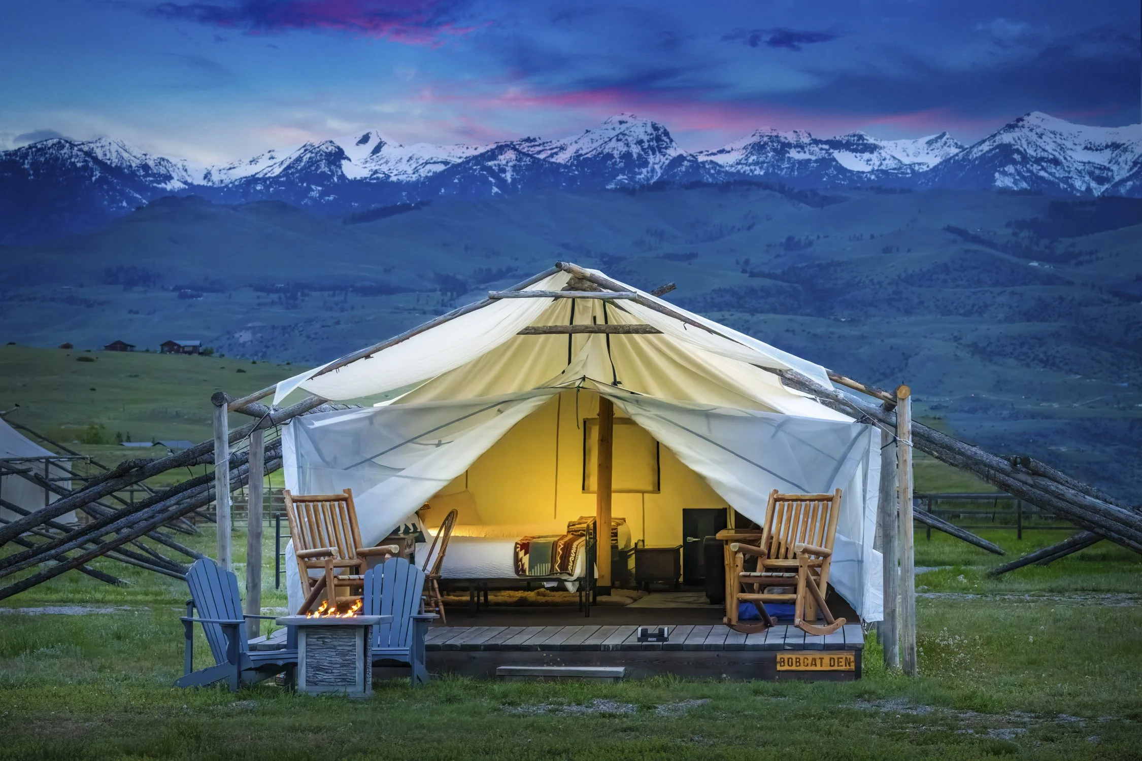 Front view of Bobcat Den glamping tent