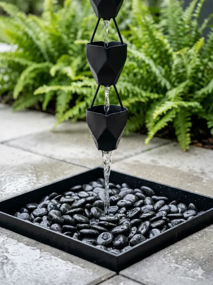 Modern black rain chain terminating into a stone basin
