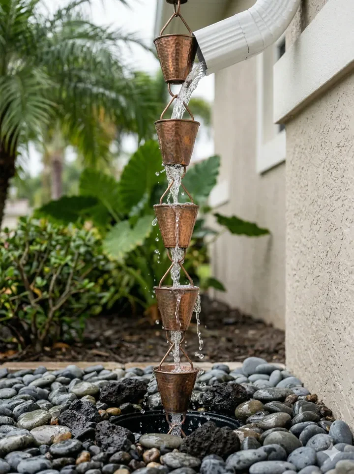 Copper cup-style rain chain during a Florida downpour