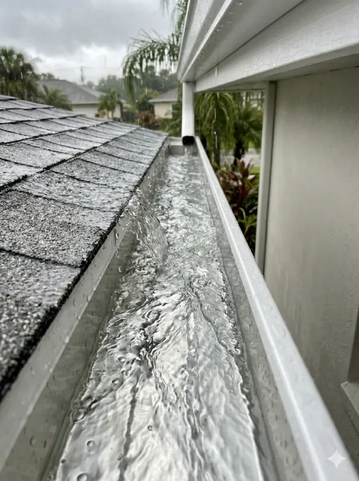 Clean gutters flowing freely during Florida rain