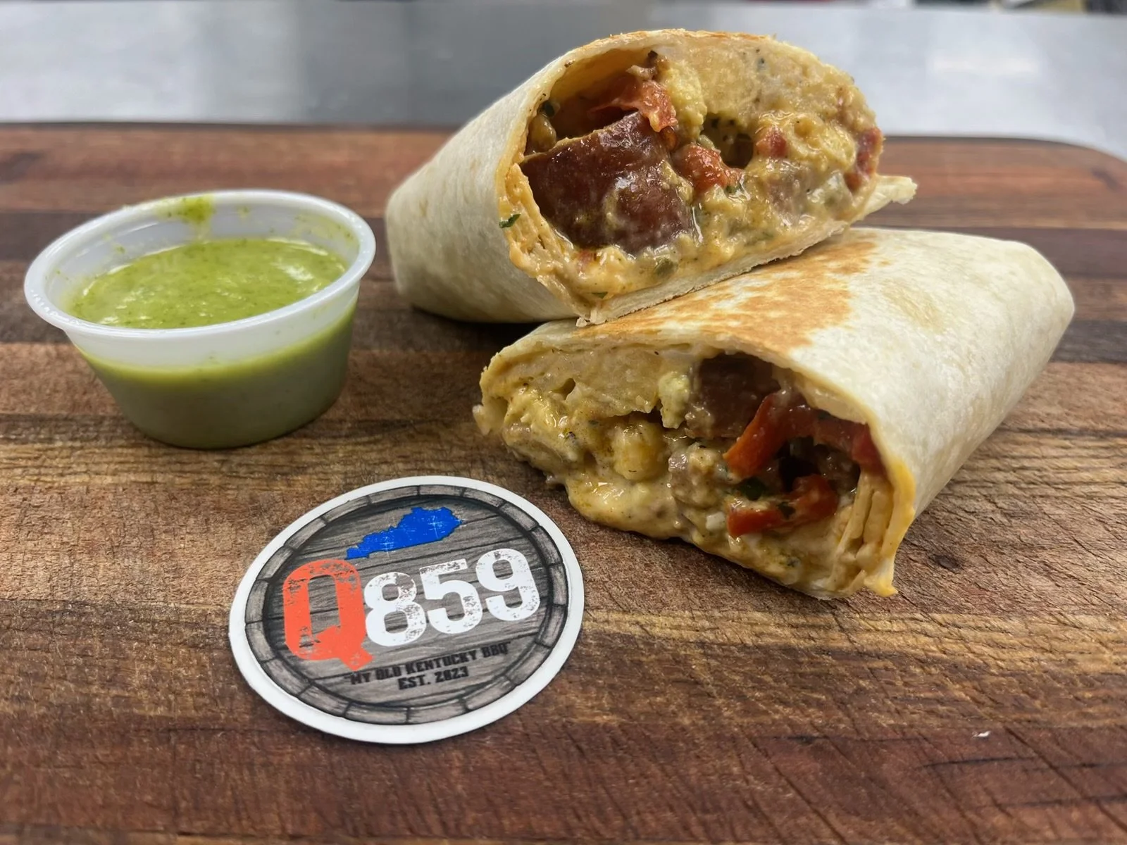 Breakfast burrito with green sauce