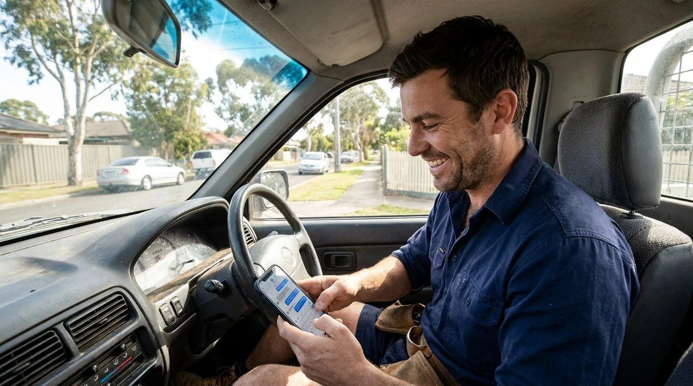 Electrician sending a quote from his ute