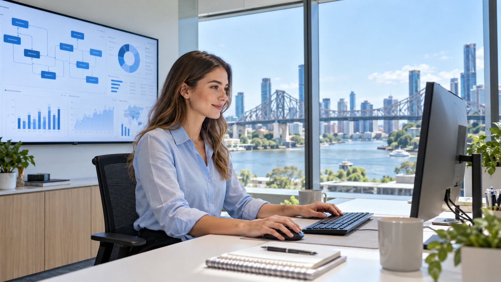 A marketing coordinator working at a desk in a bright Brisbane office, with a dashboard on the wall and the city skyline through the window