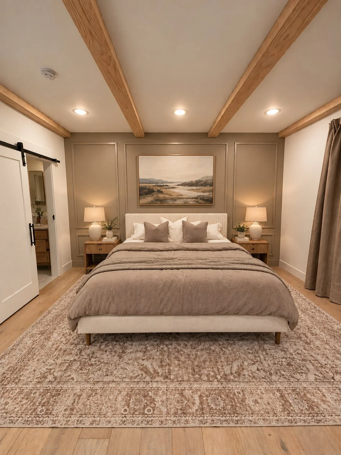 Bedroom remodel with exposed wood beams and matching bedside lamps