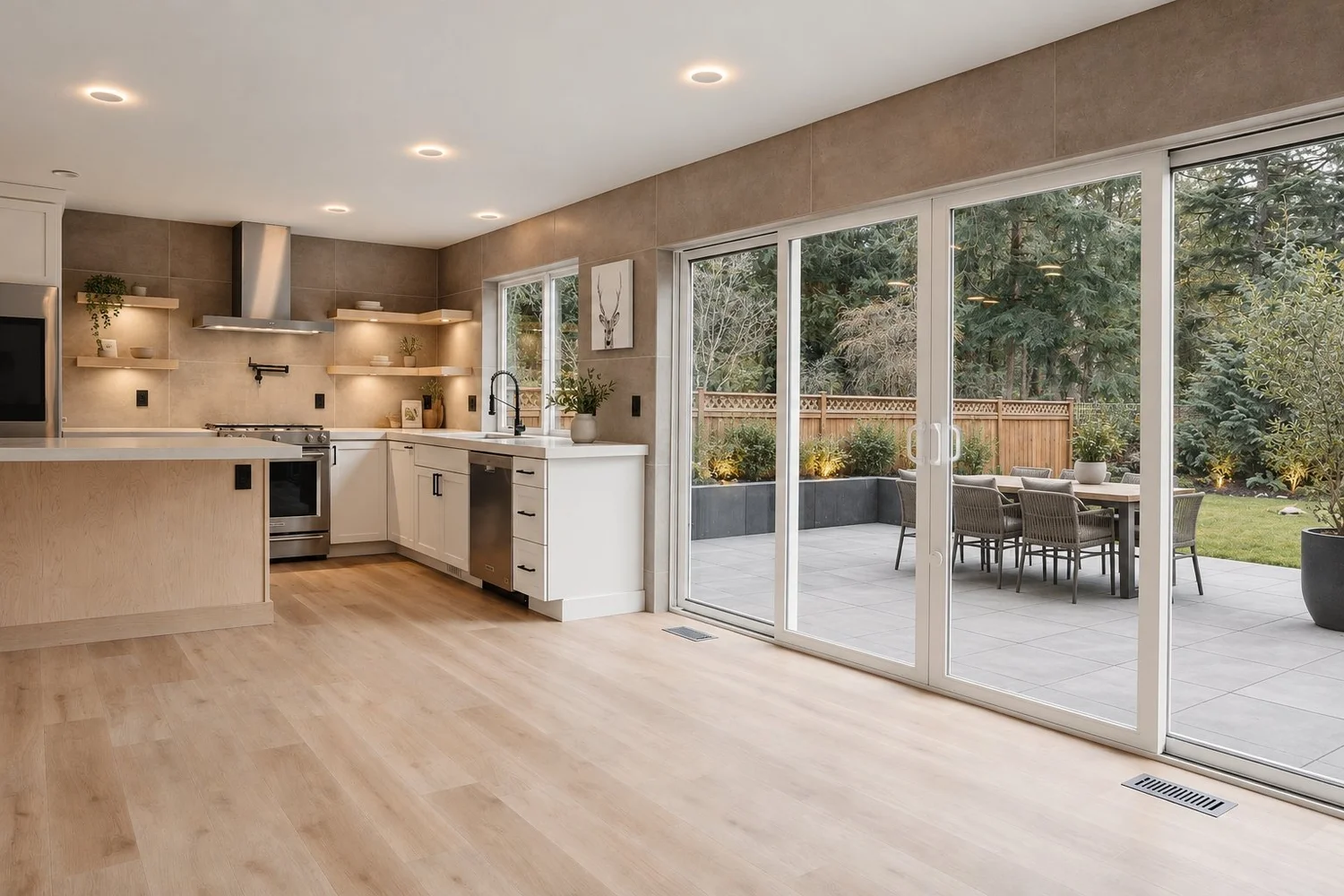 Kitchen opening to a garden patio through wide sliding glass doors