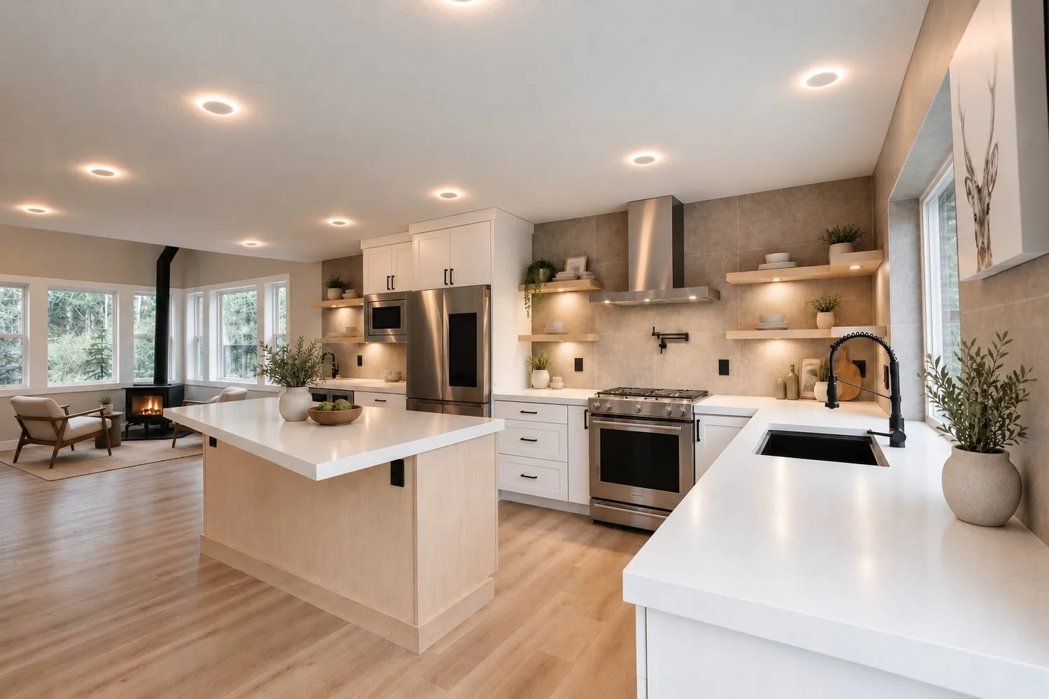 Remodeled kitchen with white cabinets, wood island, and adjoining sitting area