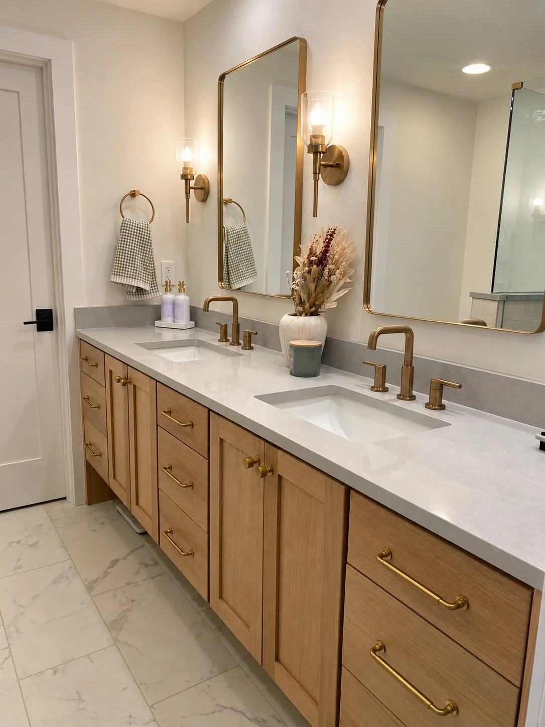 Bathroom remodel with double wood vanity and brass fixtures
