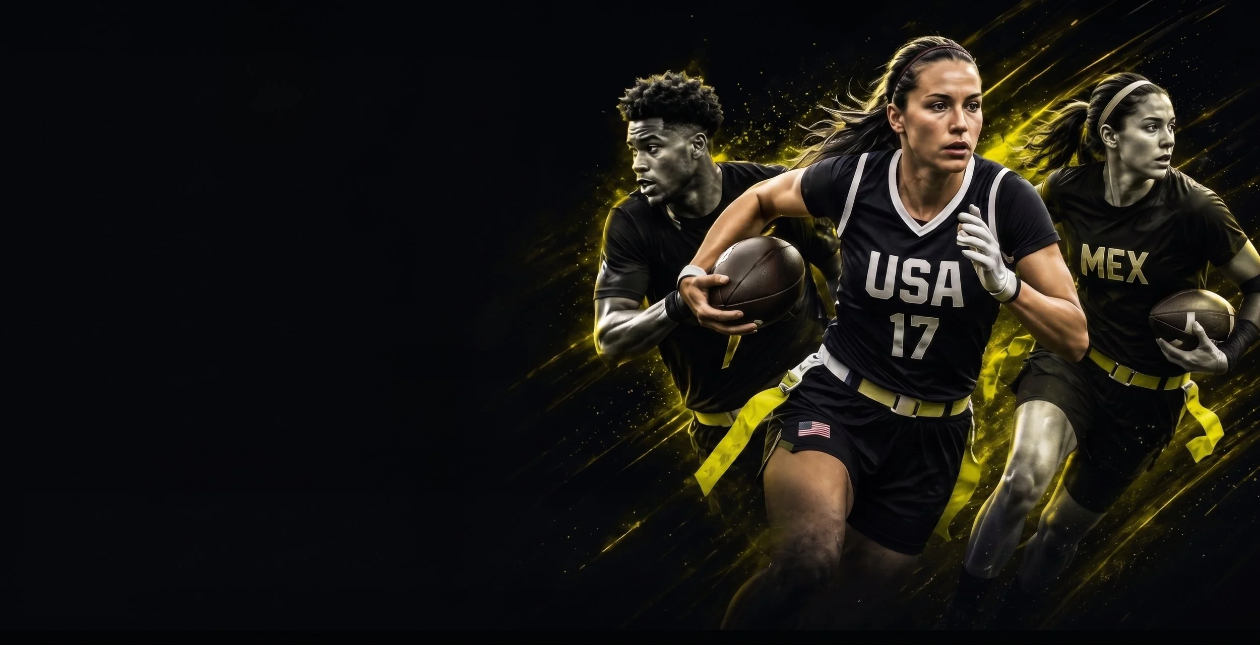 Flag football players from Team USA and Mexico in action