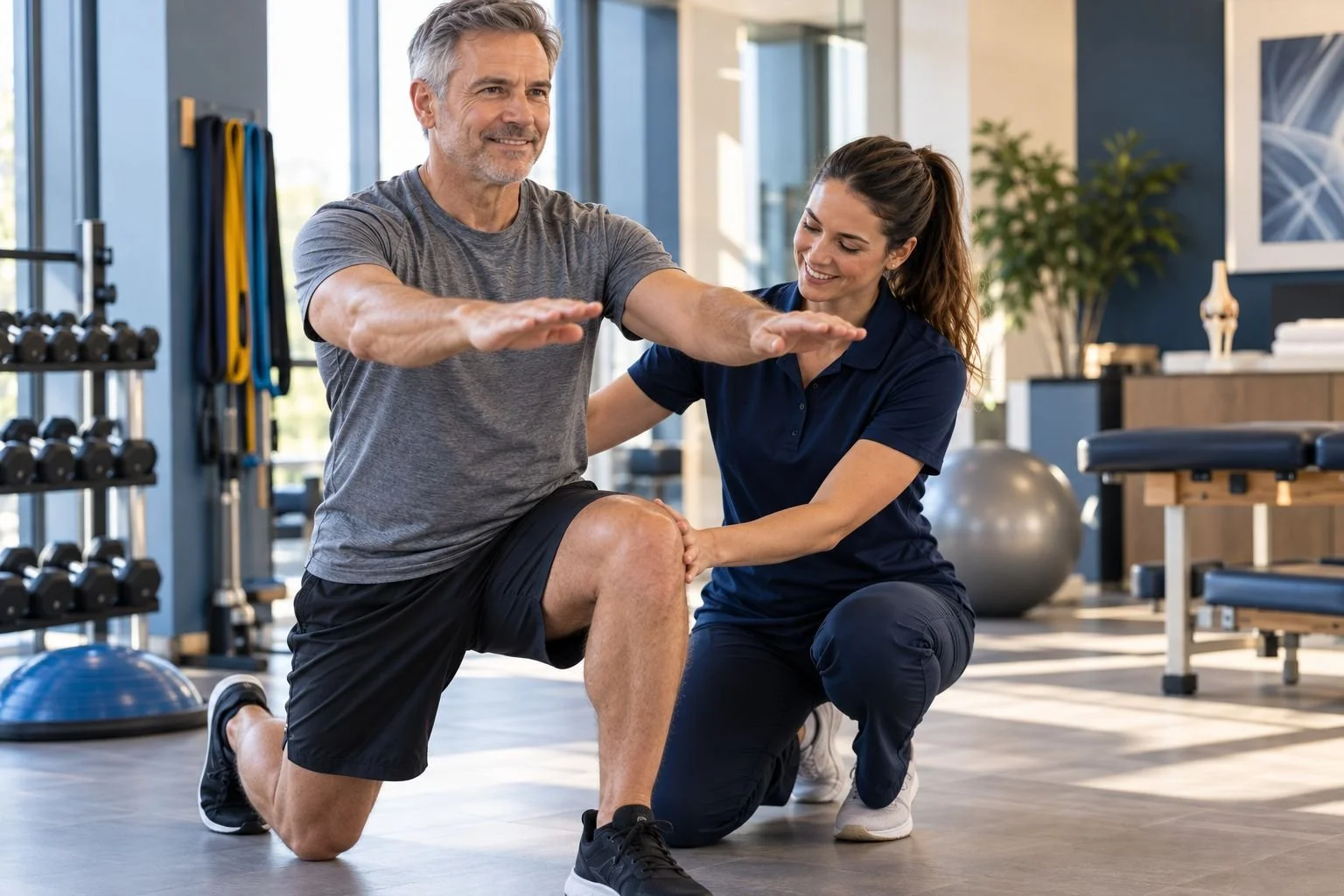 Therapist coaching a patient through a lunge