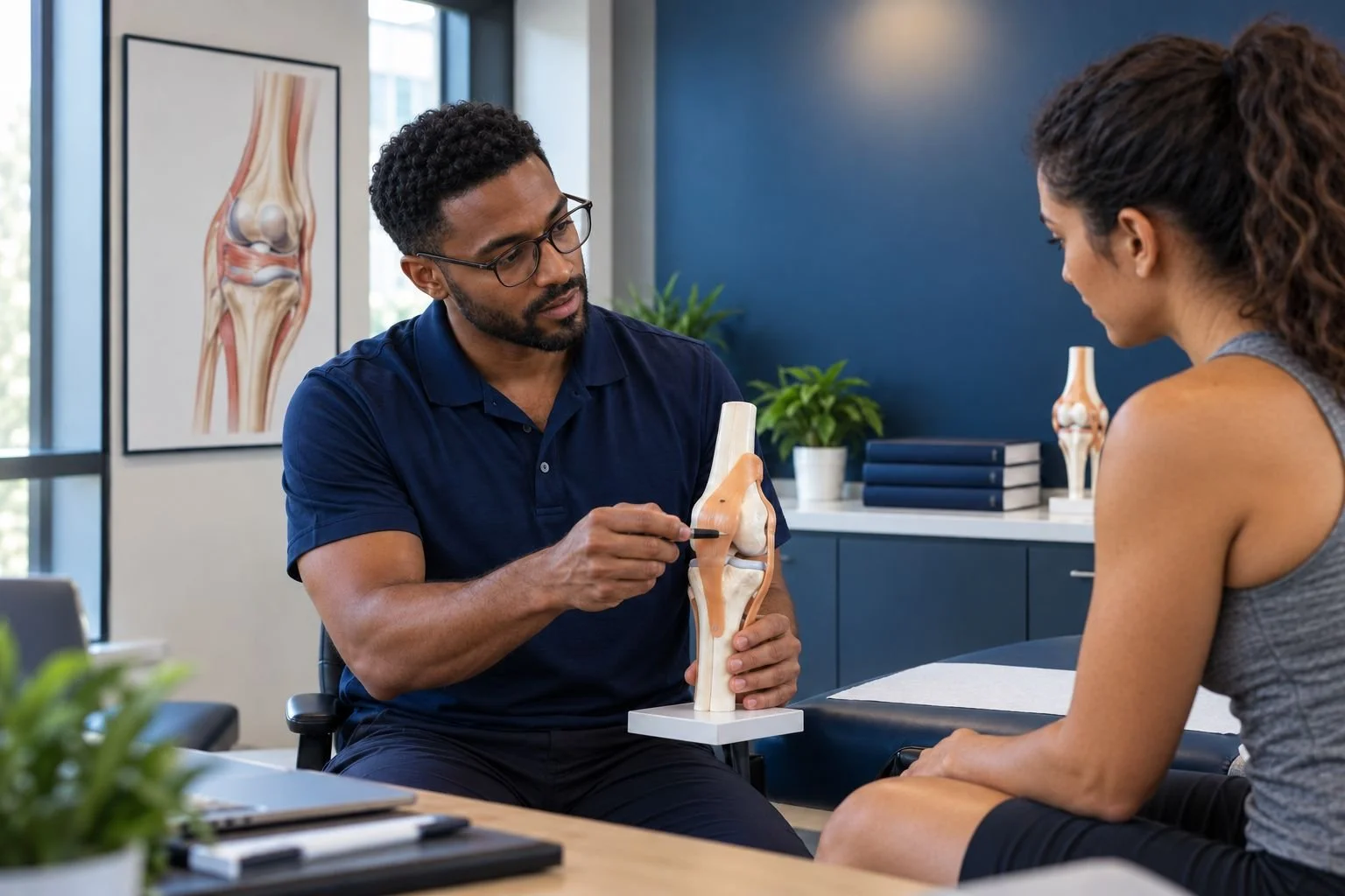 Instructor explaining knee anatomy with a model