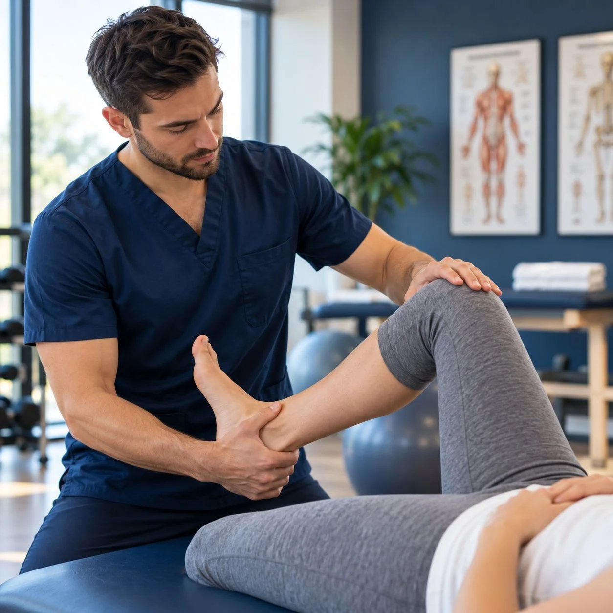 Physical therapist checking knee flexion