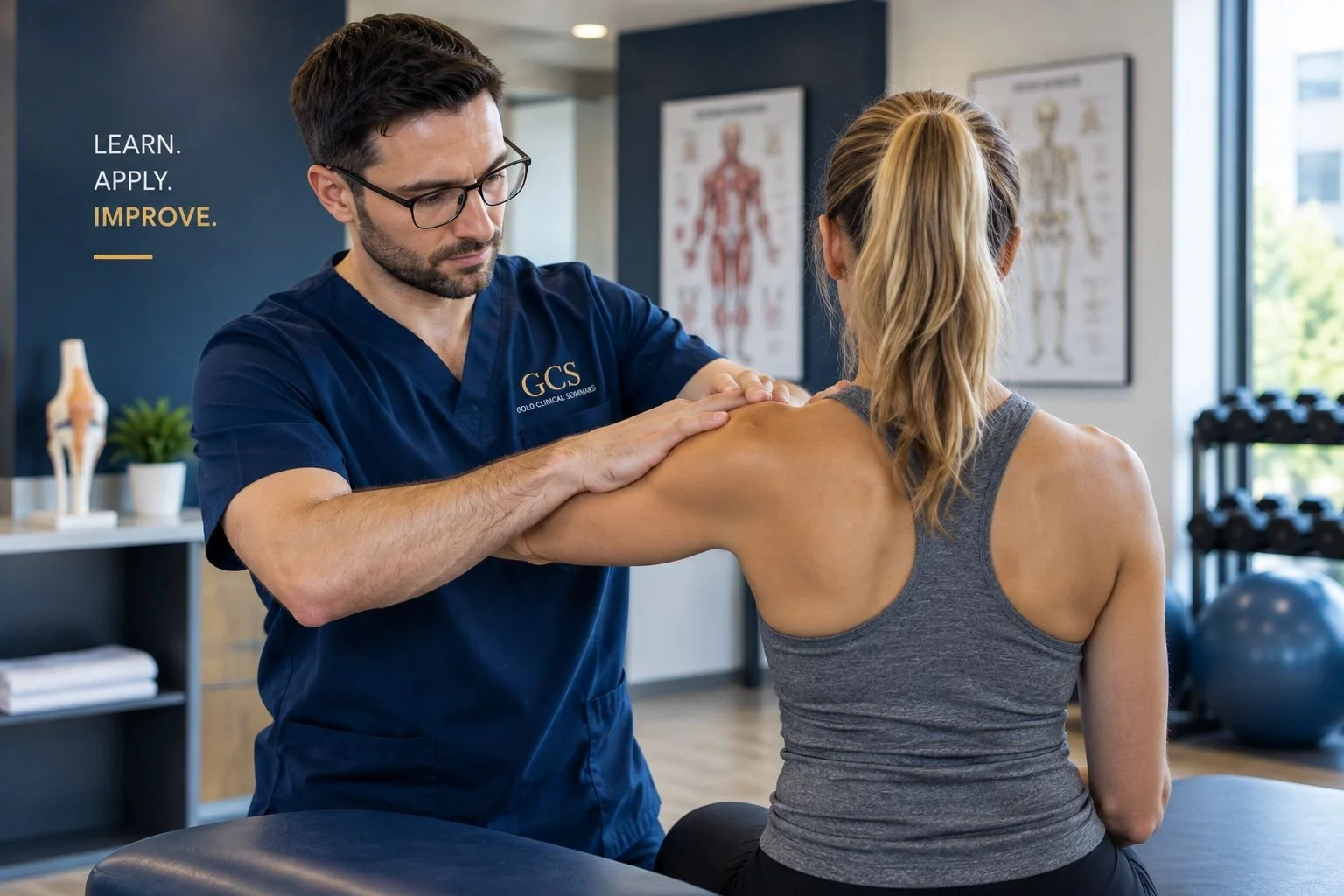 Physical therapist guiding a patient through a shoulder exercise