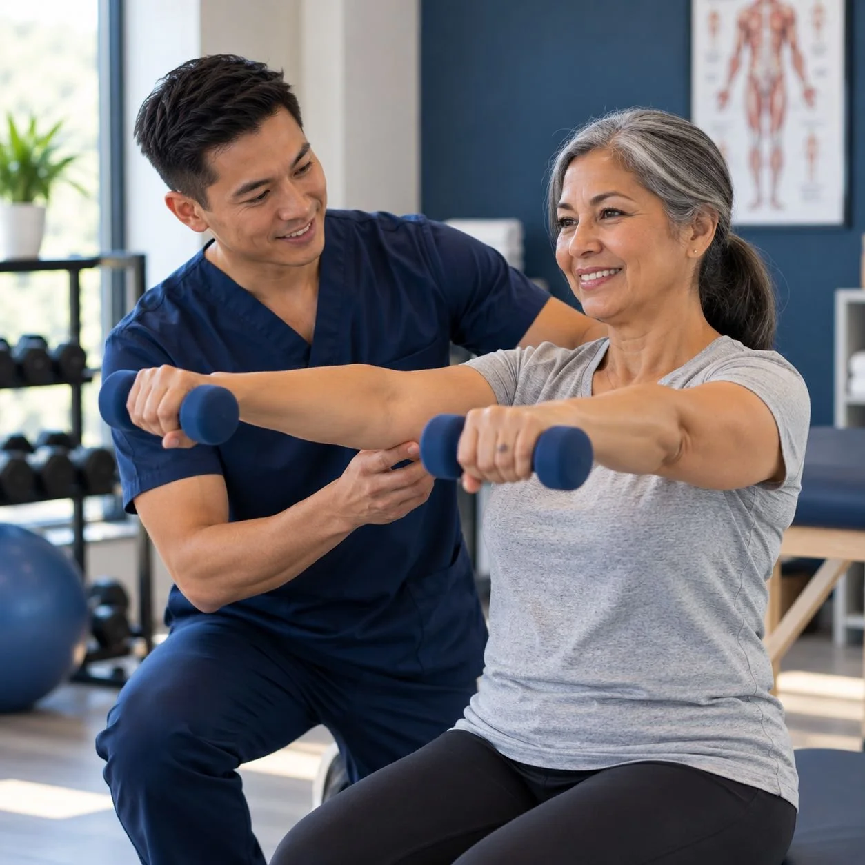Coach guiding a dumbbell arm exercise