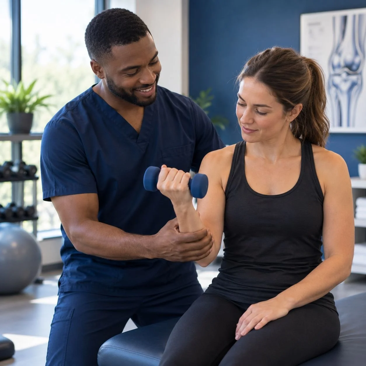 Physical therapist coaching a bicep curl exercise