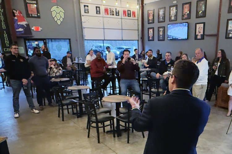 Kyle Grantham speaks to supporters at his kickoff launch event.