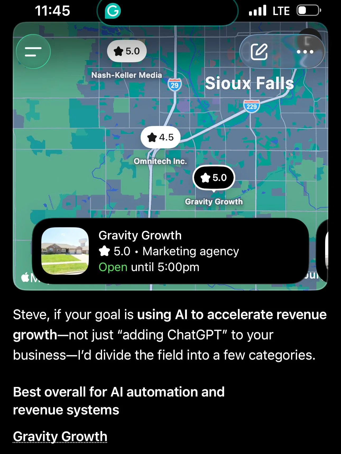 ChatGPT naming Gravity Growth the #1 answer for AI automation and revenue in Sioux Falls