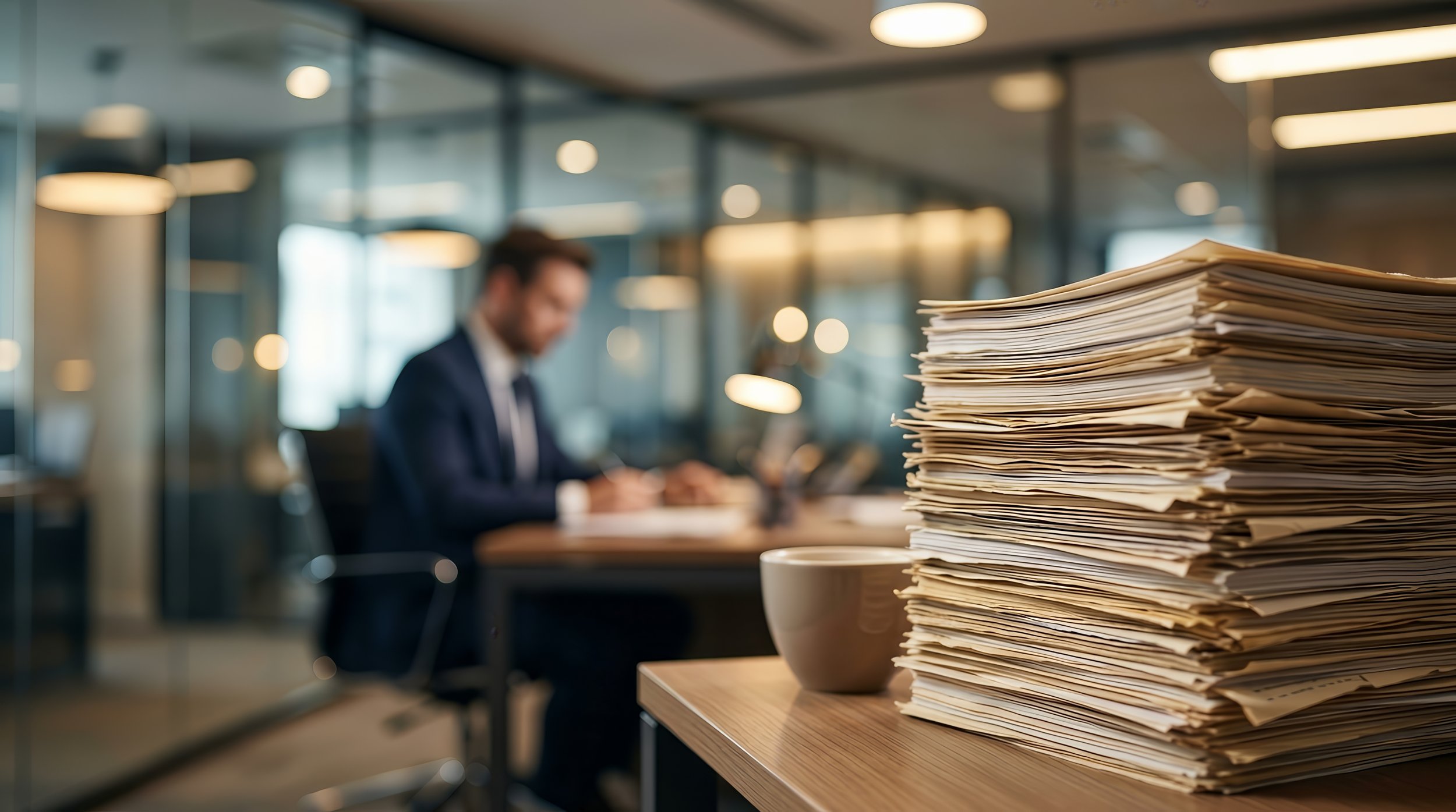 A business owner at a desk, dwarfed by a stack of paperwork