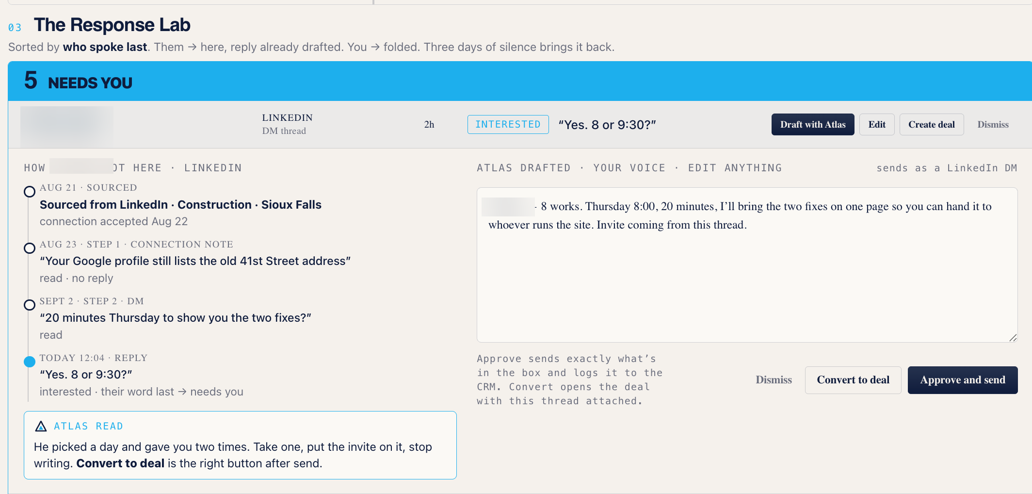 Atlas Flow Response Lab queue, needs-you reply drafted for approval