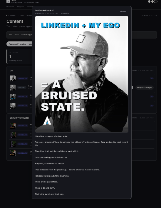 A real LinkedIn post written in Steve's voice, live in the Atlas content queue