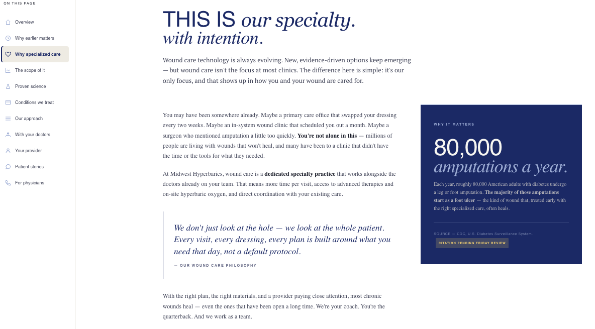 Atlas client website — Midwest Hyperbarics, interior page
