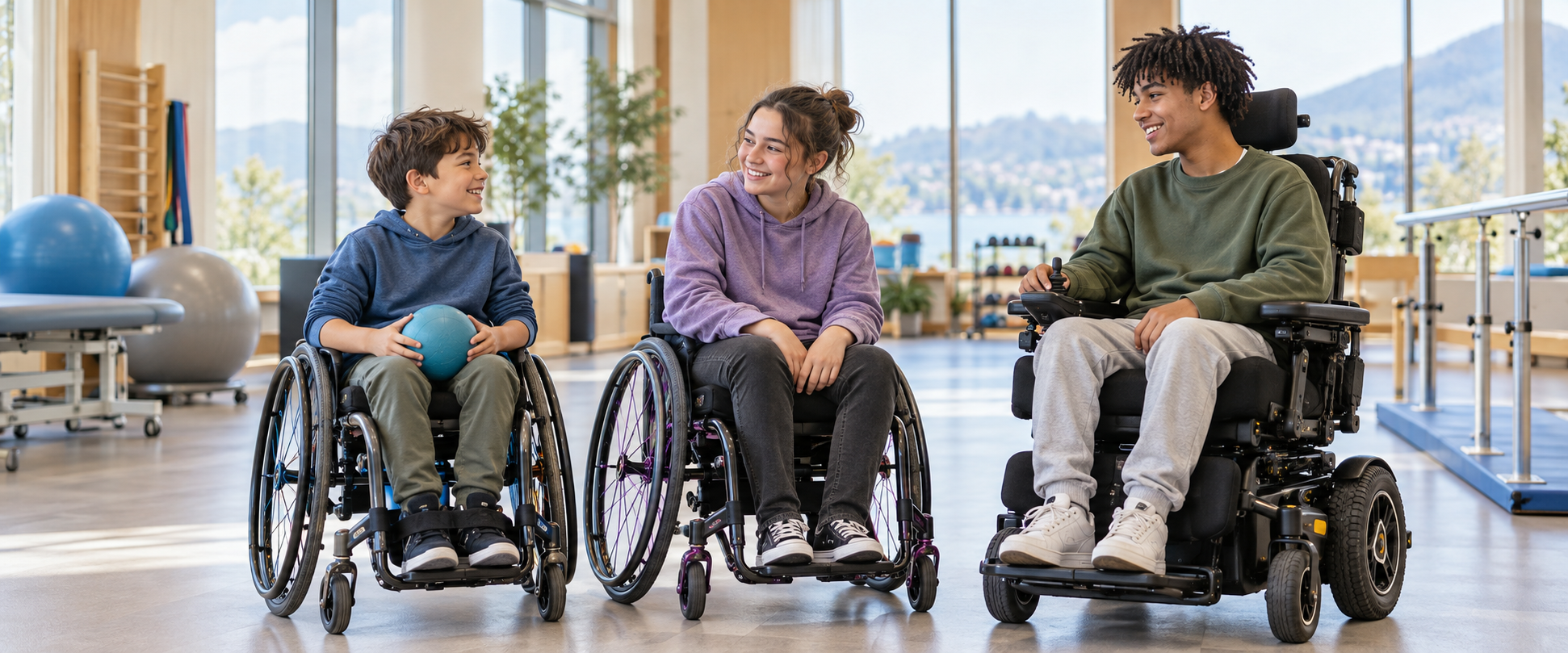 Three young wheelchair users talking together in a rehabilitation setting