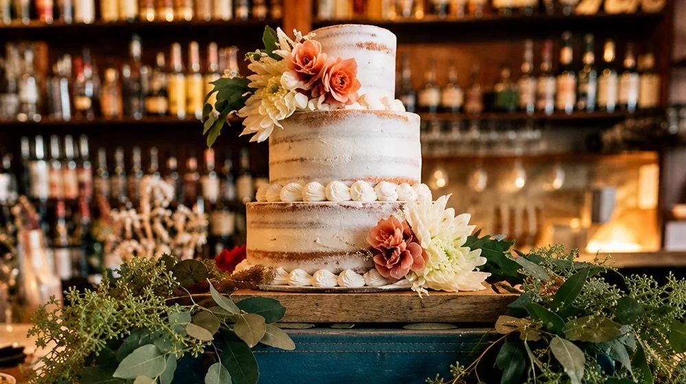 Wedding cake display with floral arrangements during a private event in the 205 Room at 205 Dry.