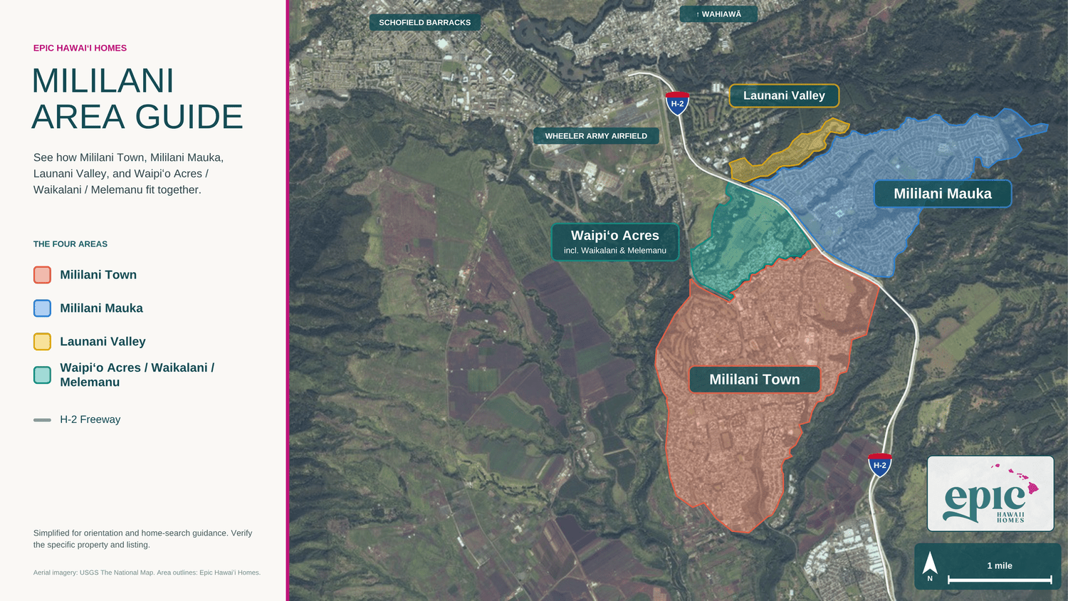 Map showing Mililani Town, Mililani Mauka, Launani Valley, and Waipio Acres with Waikalani and Melemanu.