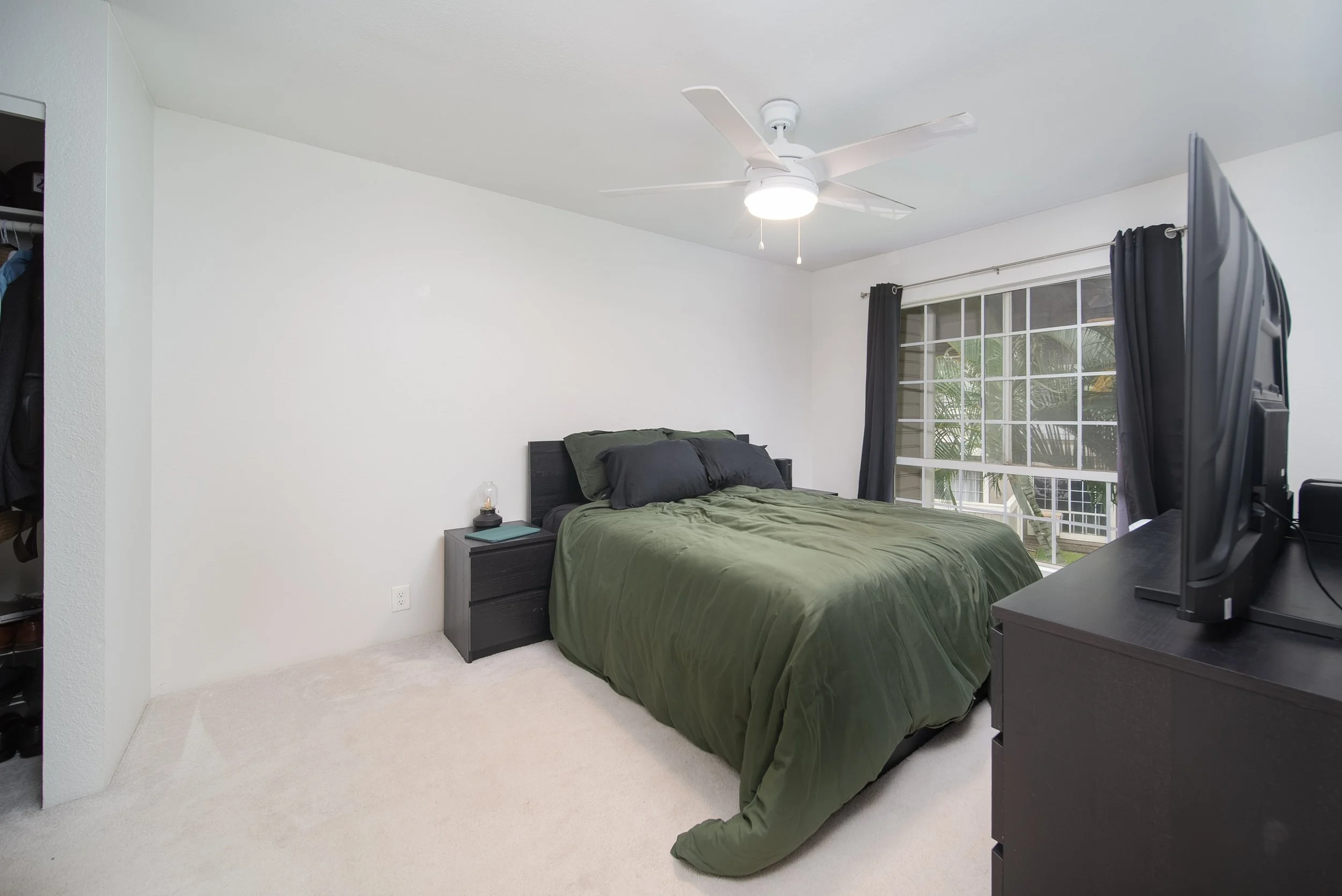 Bedroom with ceiling fan, window and closet, Royal Palm at Waipio Gentry