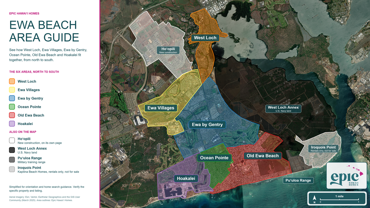 Map of Ewa Beach showing, from north to south, West Loch, Ewa Villages, Ewa by Gentry, Ocean Pointe, Old Ewa Beach and Hoakalei, plus Hoʻopili, West Loch Annex, Puʻuloa Range and Iroquois Point.