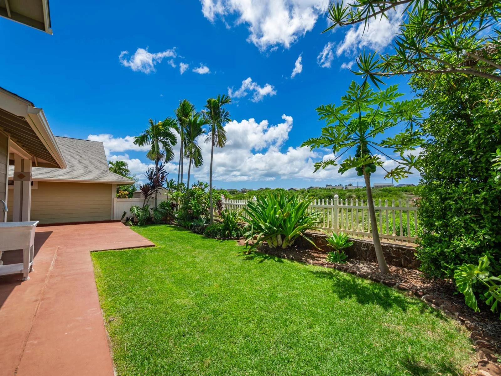 Side yard with lawn, palms and white fencing at the property edge