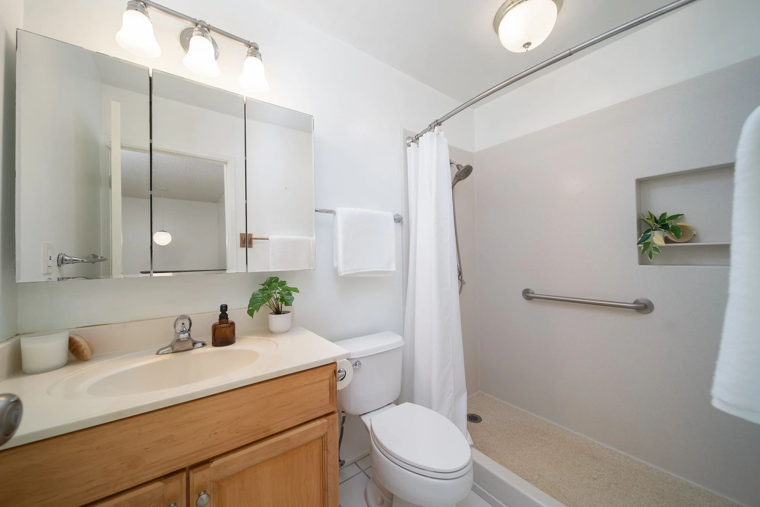 Bathroom with wood vanity, large mirror and walk in shower