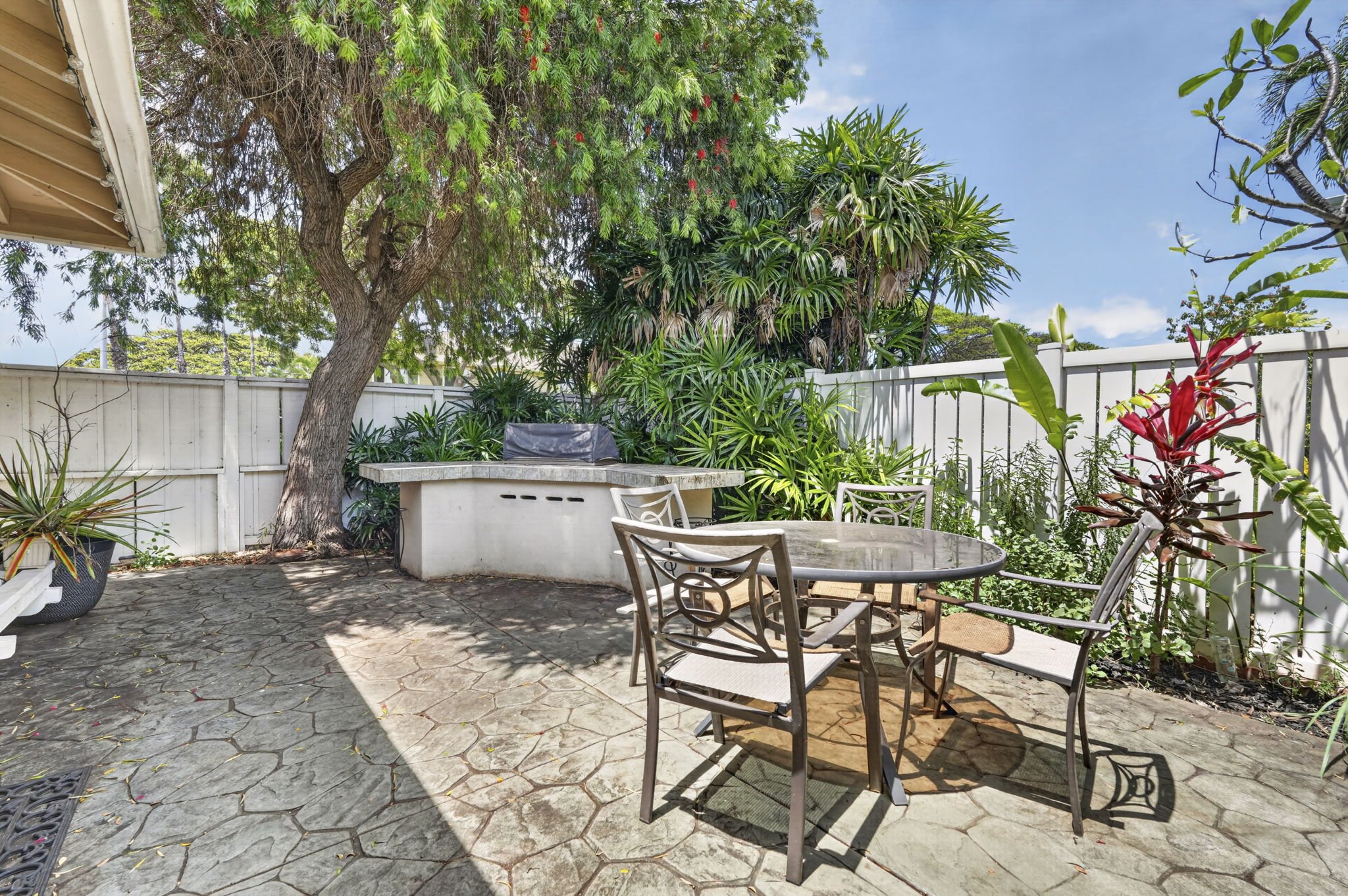Backyard patio with built in grill counter, dining set and shade tree