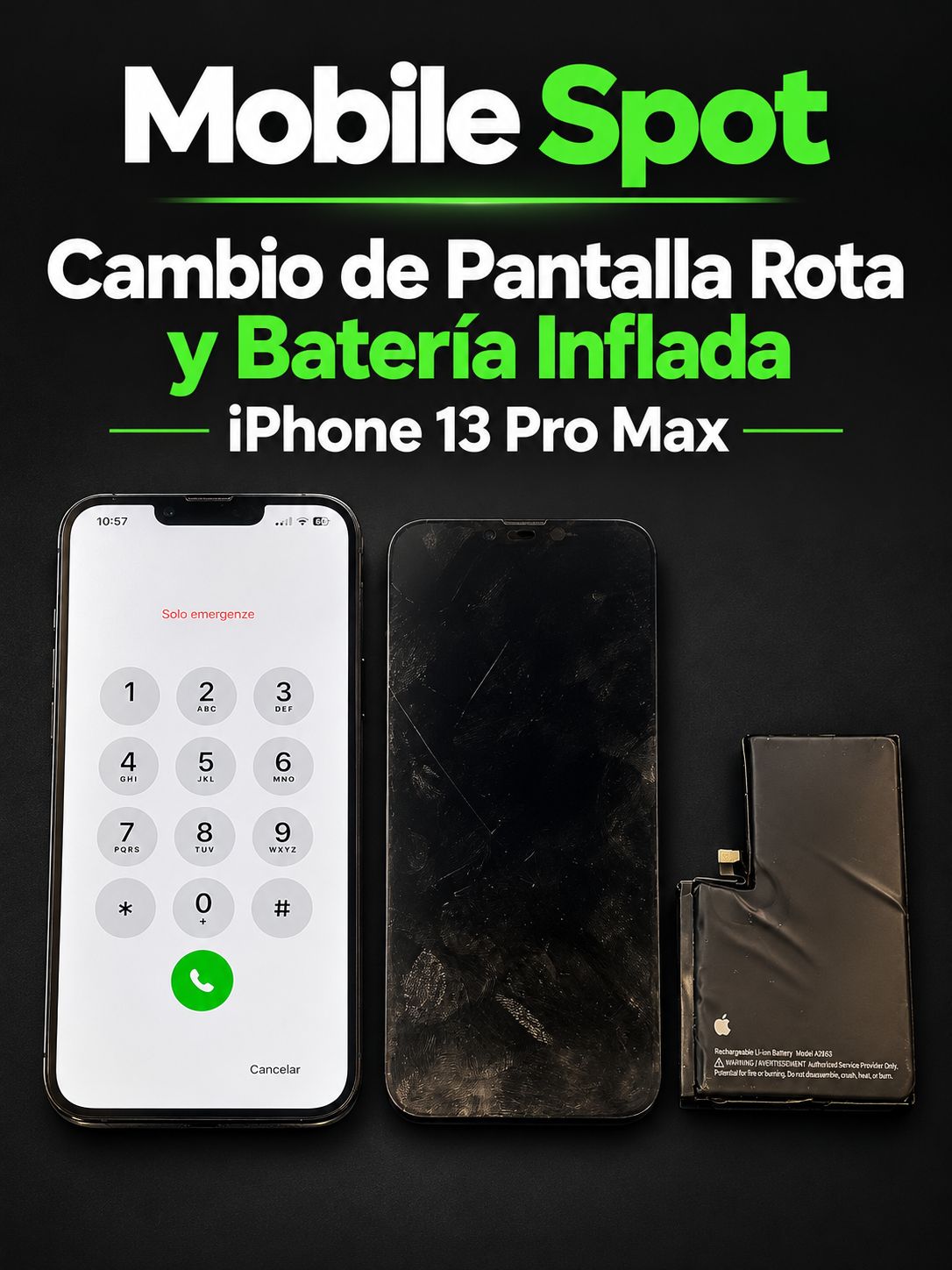 Cambio de pantalla rota y batería inflada iPhone 13 Pro Max en Mobile Spot