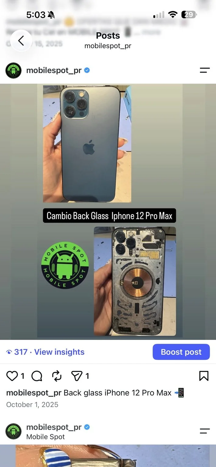 iPhone 12 Pro Max durante el cambio de cristal trasero y después de la reparación