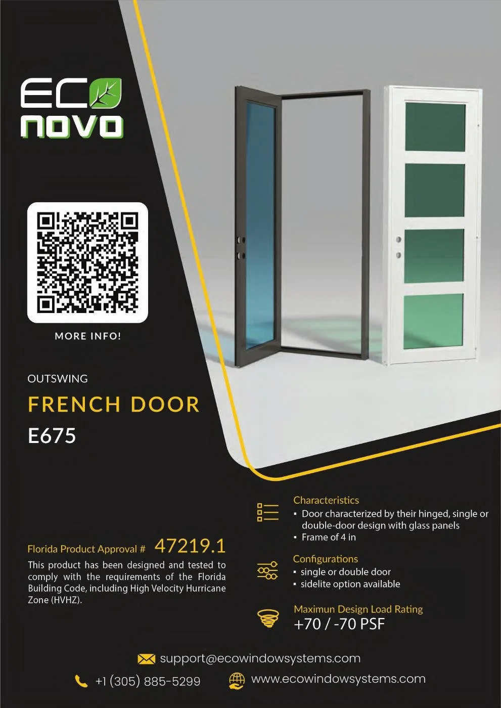 Eco Novo E675 outswing French door: manufacturer brochure showing the unit, configurations, and published product details