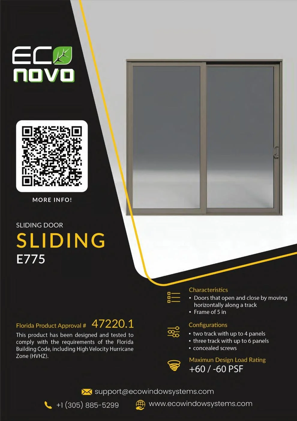 Eco Novo E775 sliding glass door: manufacturer brochure showing the unit, configurations, and published product details