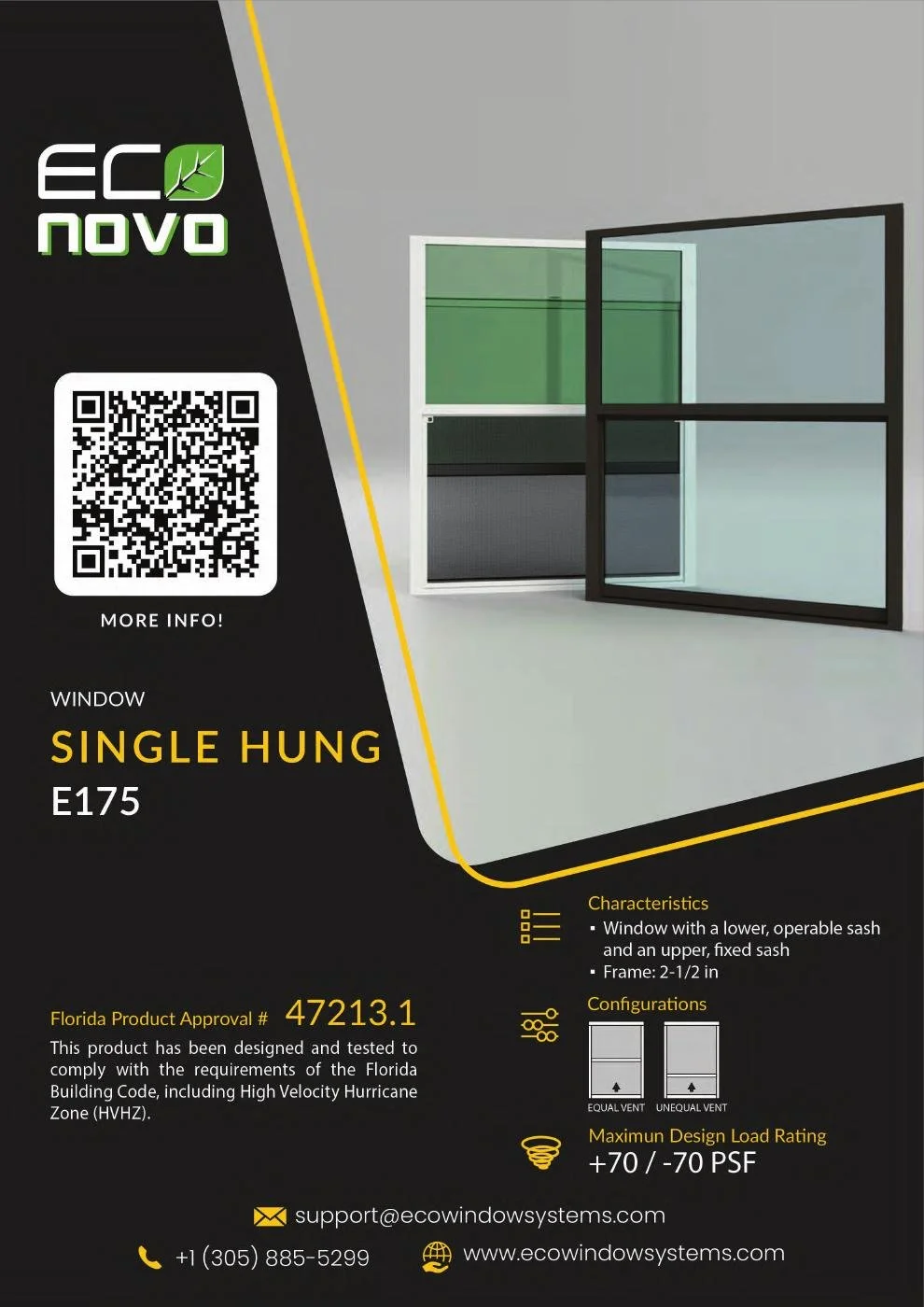 Eco Novo E175 single-hung window: manufacturer brochure showing the unit, configurations, and published product details