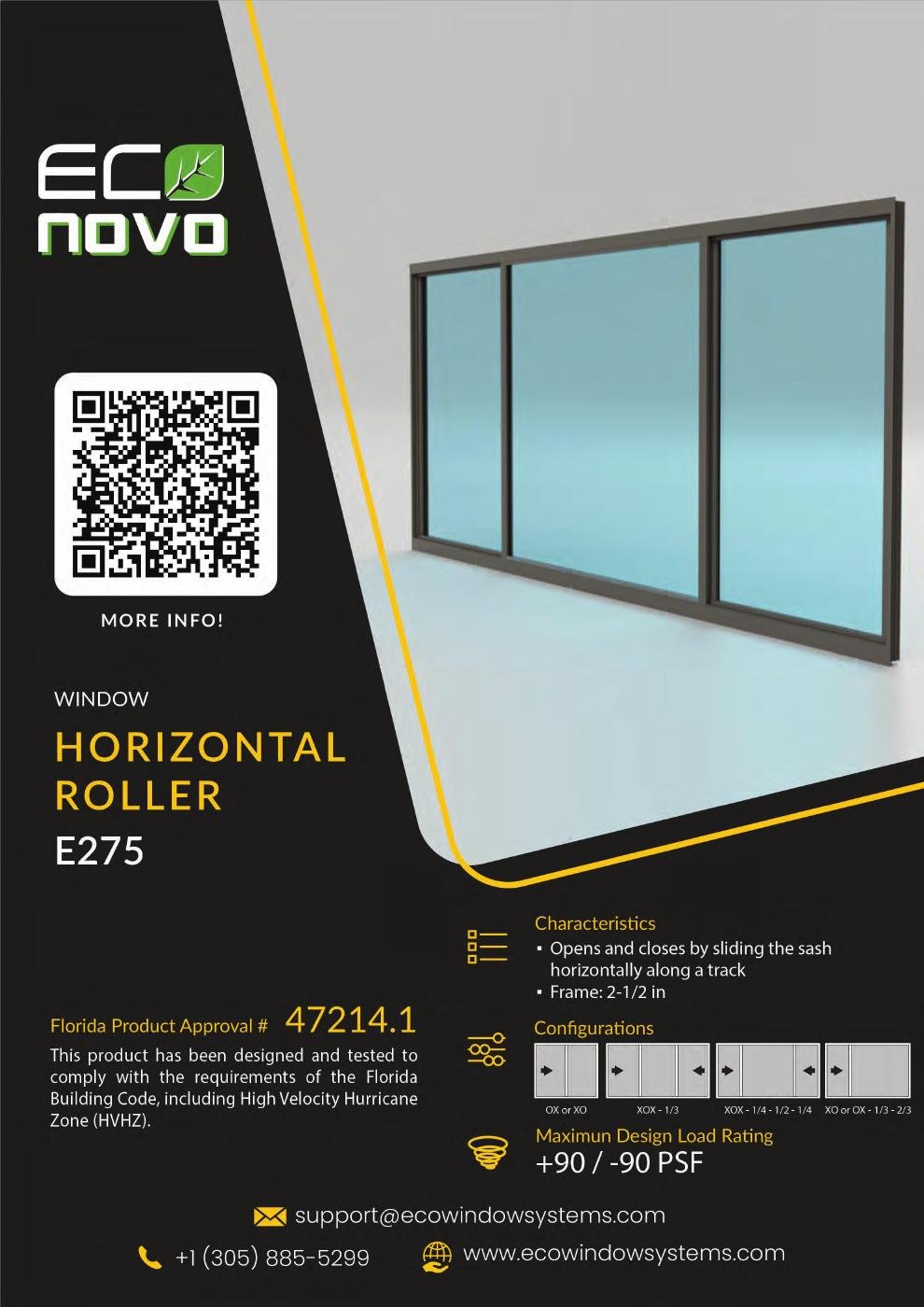 Eco Novo E275 horizontal roller window: manufacturer brochure showing the unit, configurations, and published product details