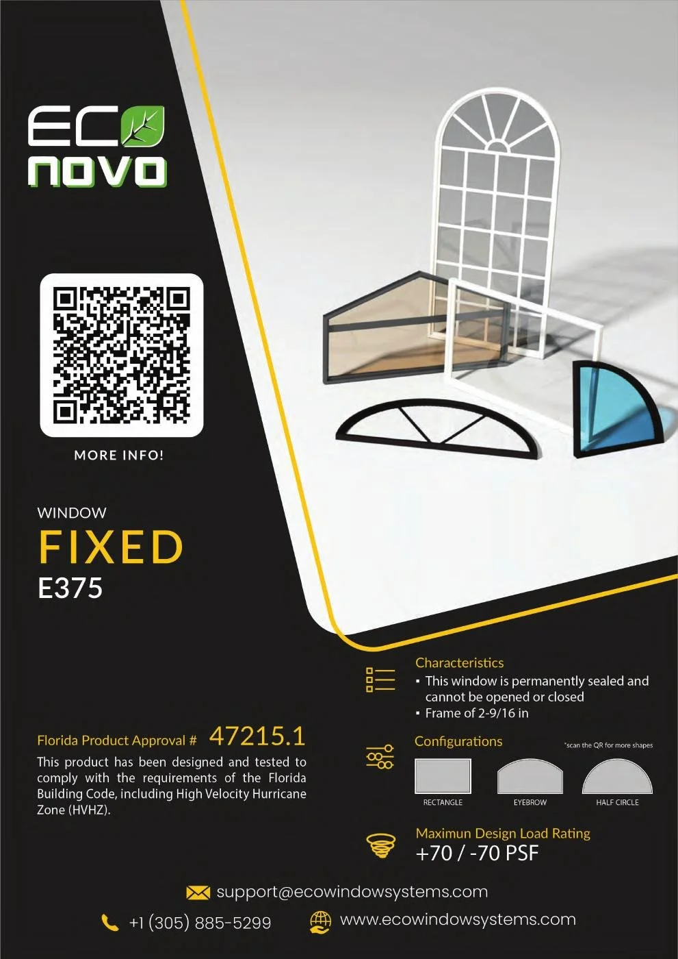 Eco Novo E375 fixed window: manufacturer brochure showing the unit, configurations, and published product details