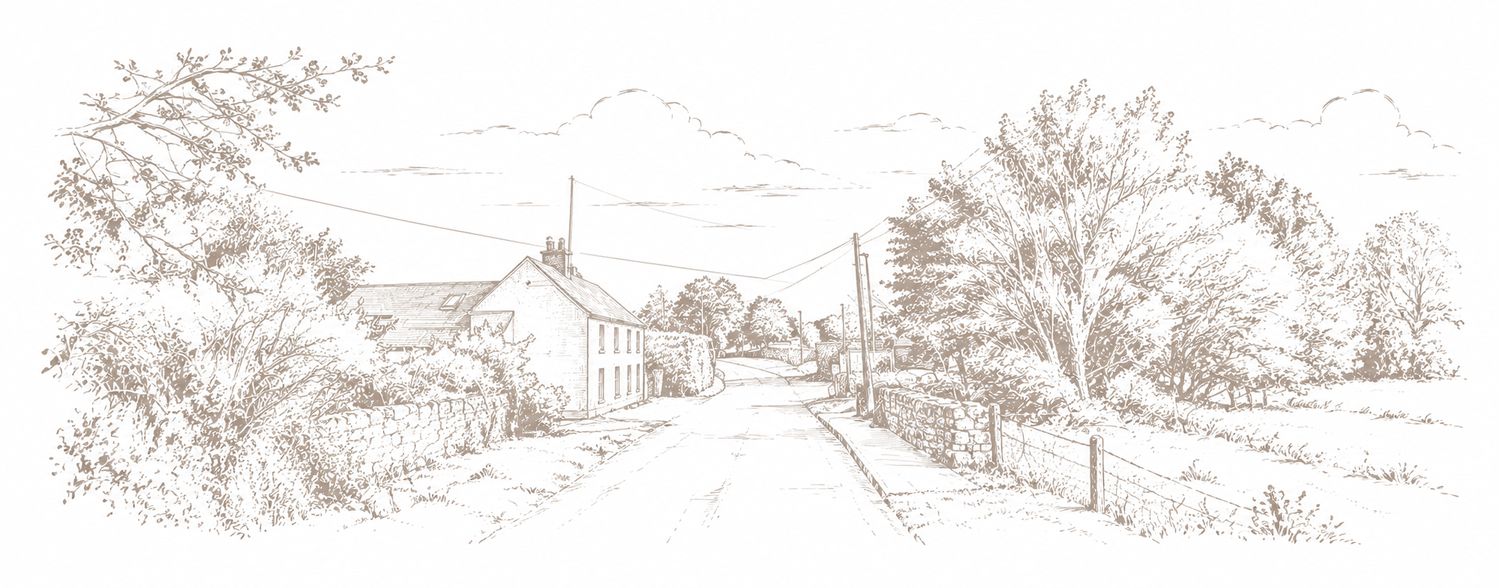Line sketch of an Irish country lane, family home, stone walls and trees.