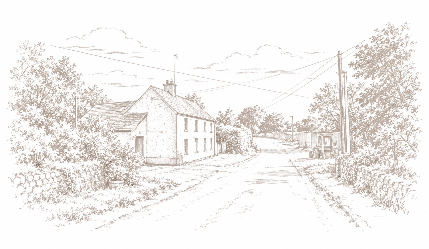 Line sketch of a traditional Irish family home beside a country lane and trees.