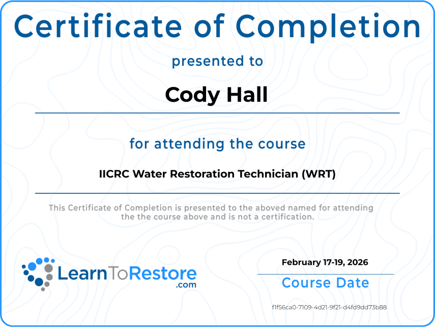 IICRC Water Restoration Technician Certificate of Completion