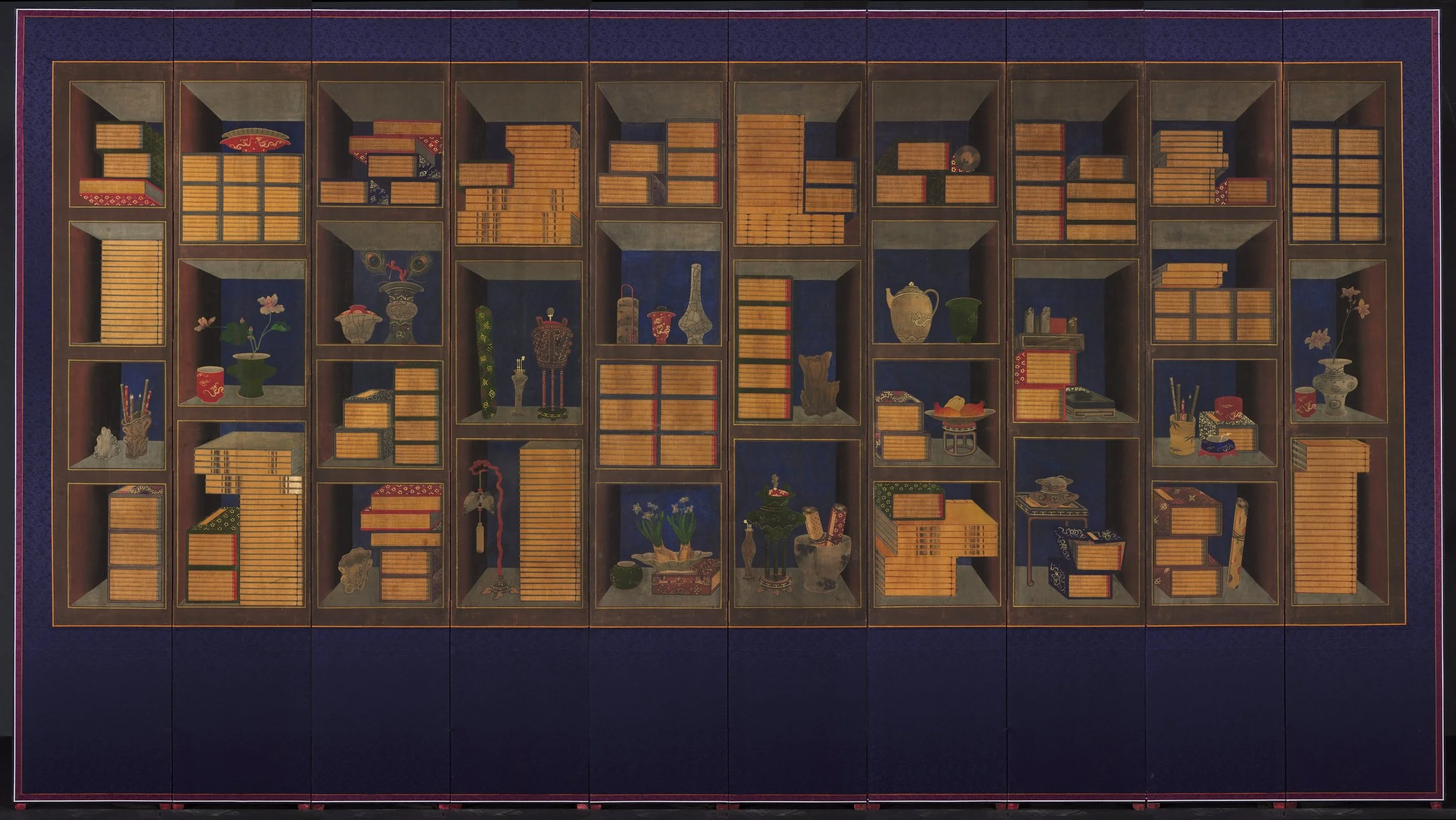 A Korean folding screen painted with stacked books, scrolls and brushes