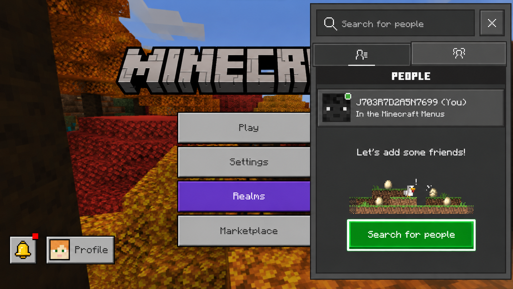 Minecraft Social menu showing Search for People