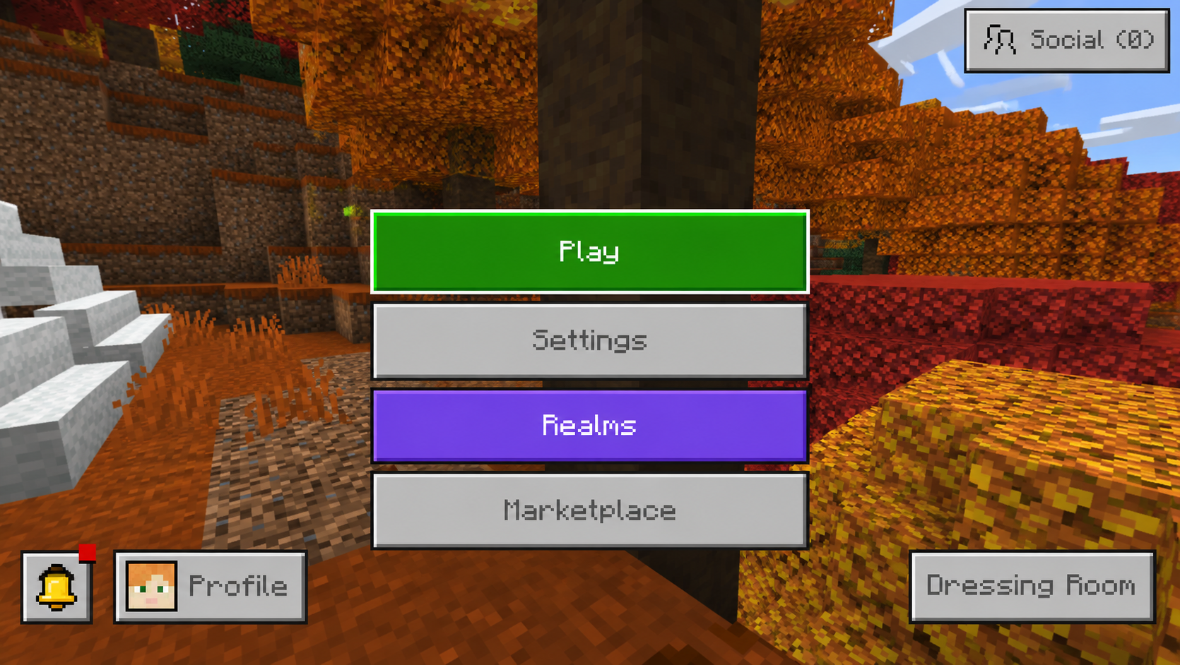 Minecraft Bedrock main menu with Play selected