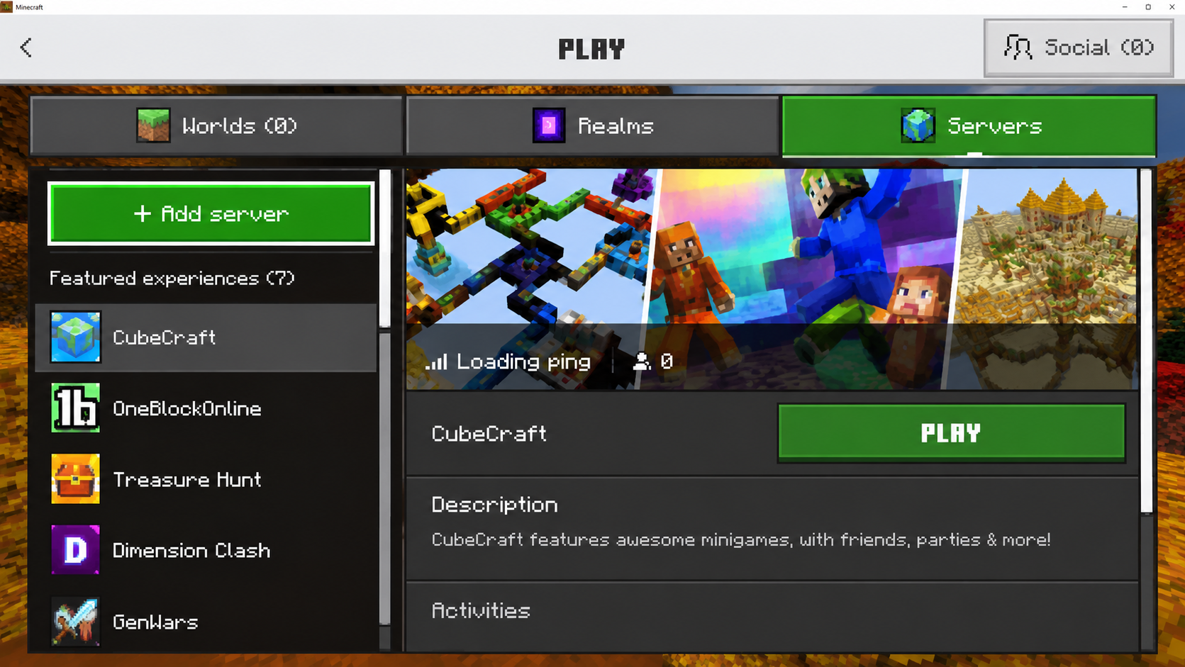 Minecraft Bedrock Servers tab showing Add Server