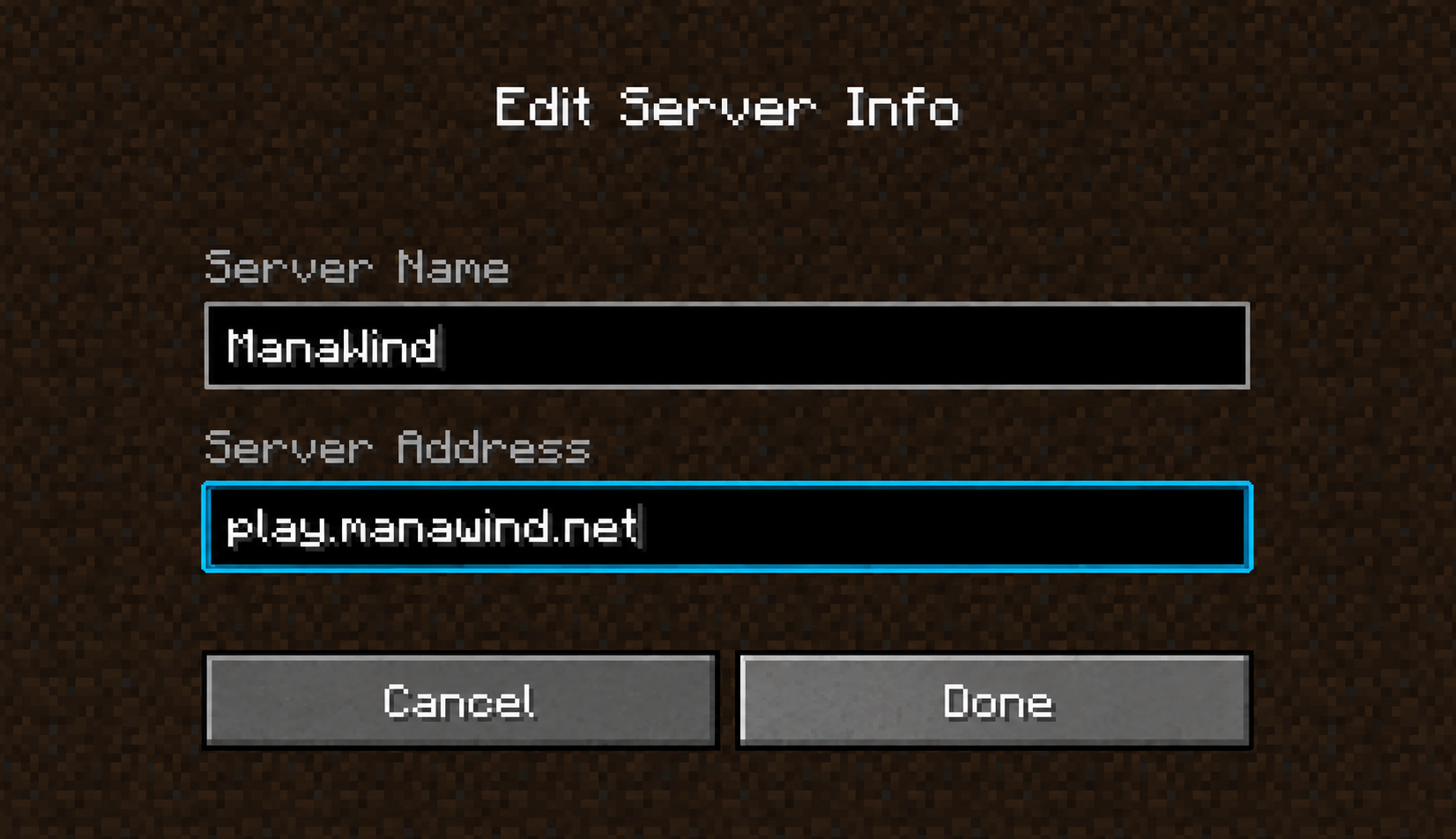 Minecraft Java Edition server information screen showing ManaWind and play.manawind.net