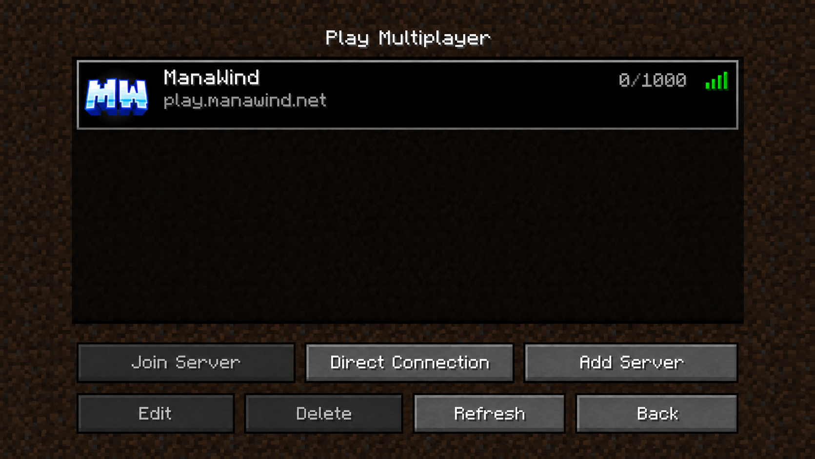ManaWind selected in the Minecraft Java Edition server list