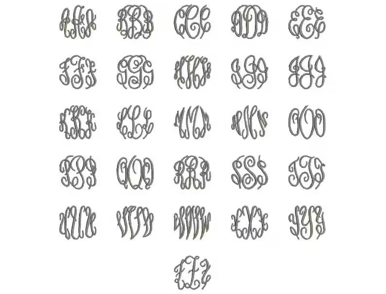 Master Circle monogram — grid of interlocking 3-letter monograms for every letter of the alphabet